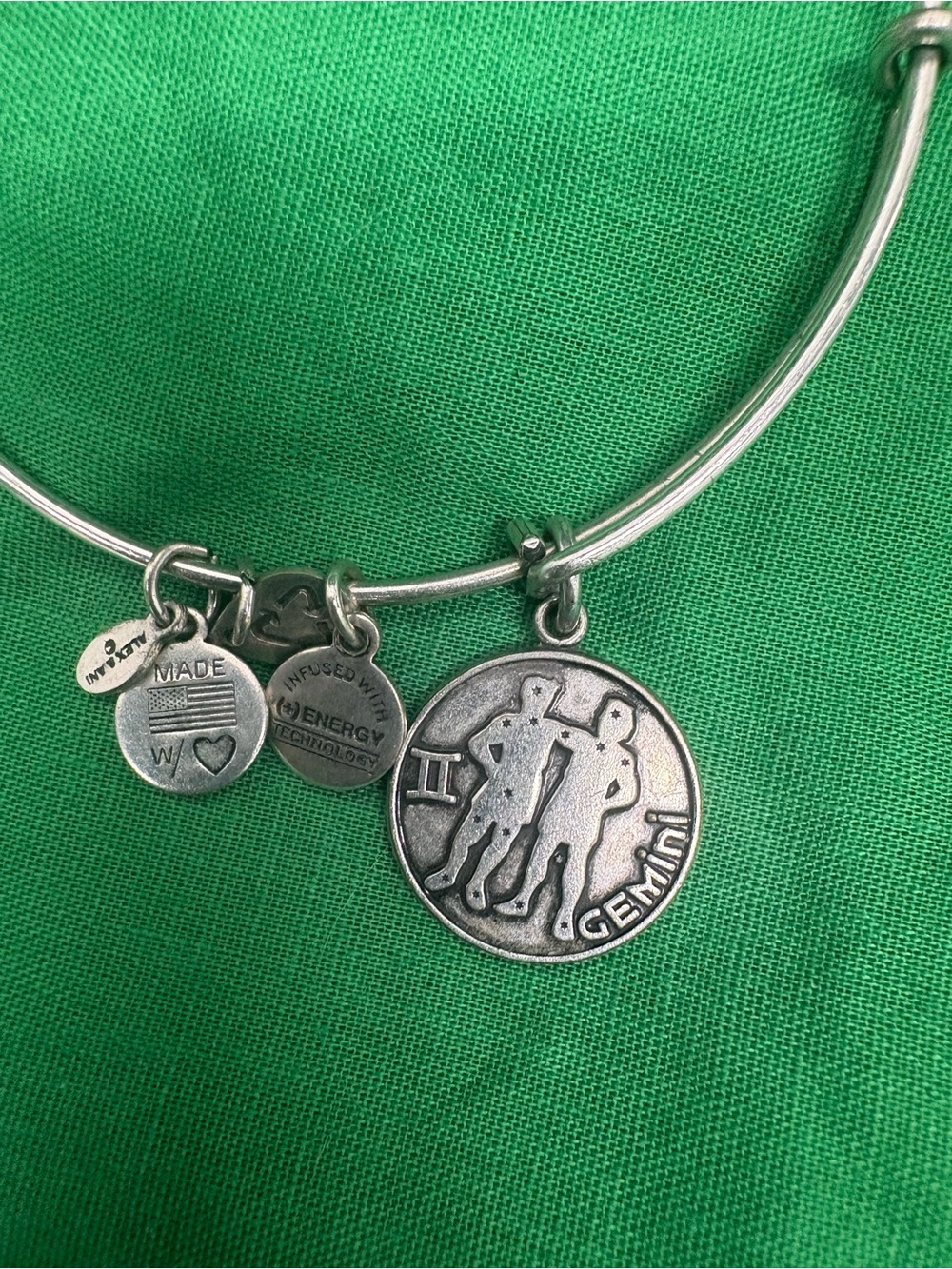 Alex and Ani Silver Tone Gemini Zodiac Adjustable Wire Bangle Bracelet Signed